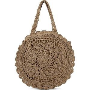 Boho Handmade Woven Straw Bag Dark Brown Beach Tote, Lightweight & Trendy Spring
